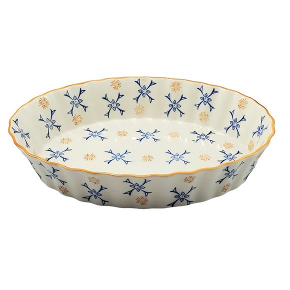 Temptations Atomic Flower Ceramic Oval Scalloped Casserole Dish Blue/Gold/Ivory - Picture 4 of 7